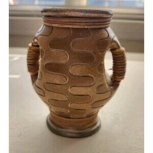 Sherry Kline Small Geometric Carved Jug Vase Tweed Wrapped Handle and Rim